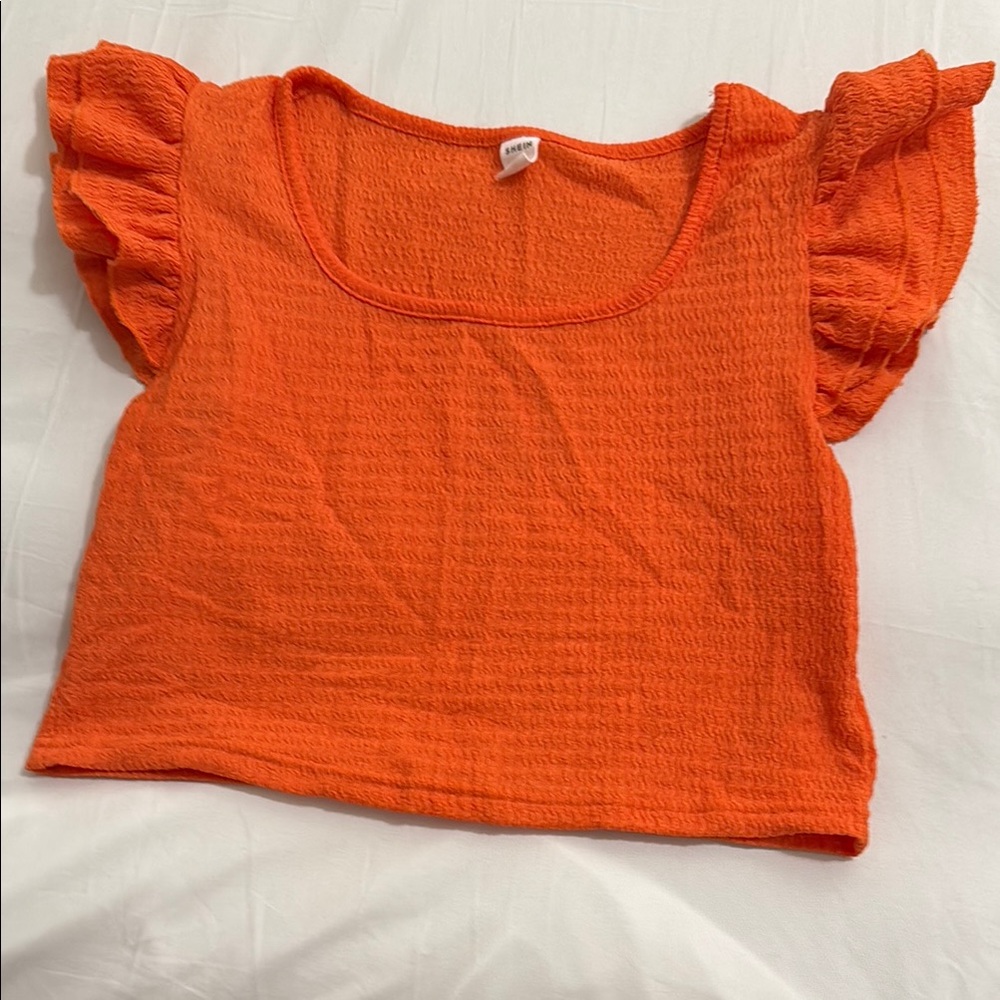SHEIN Orange Ruffled Flutter Sleeve Crop Top